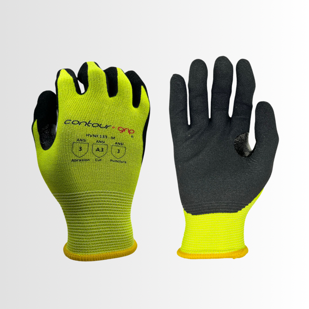 HVNF133 | Hi-Vis Cut-Resistant Nitrile-Coated Gloves with Touchscreen Capability – ANSI A3 (12 Pair)