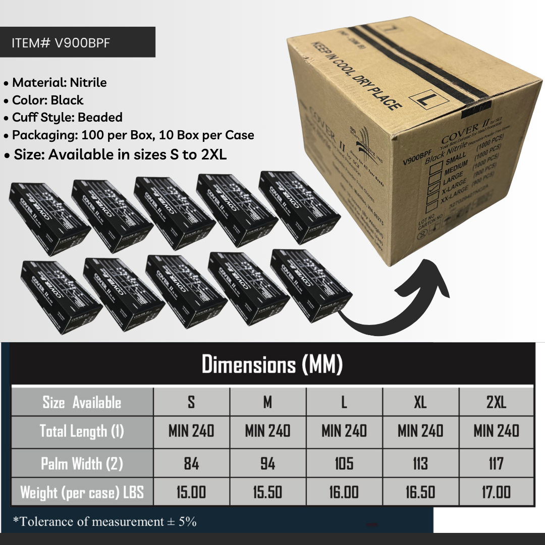 V900BPF | 5 Mil Black Nitrile Disposable Gloves – Powder-Free, Textured Fingertips, Industrial Grade (1000/Case)
