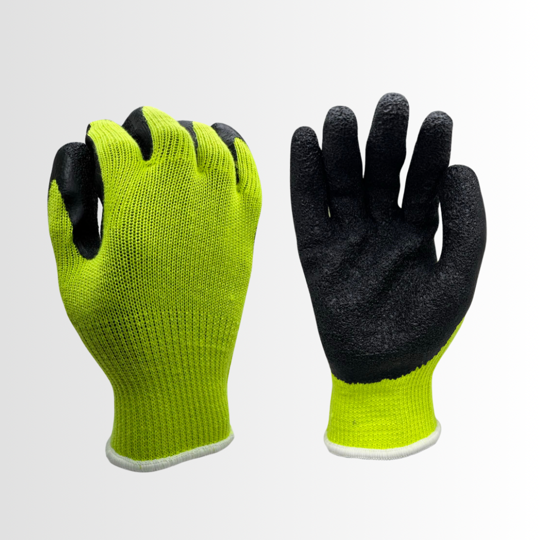 300BLP | Latex-Coated Grip Gloves with Hi-Vis Green Liner and Black Palm – Knit Wrist, EN388 Rated (12 Pair)