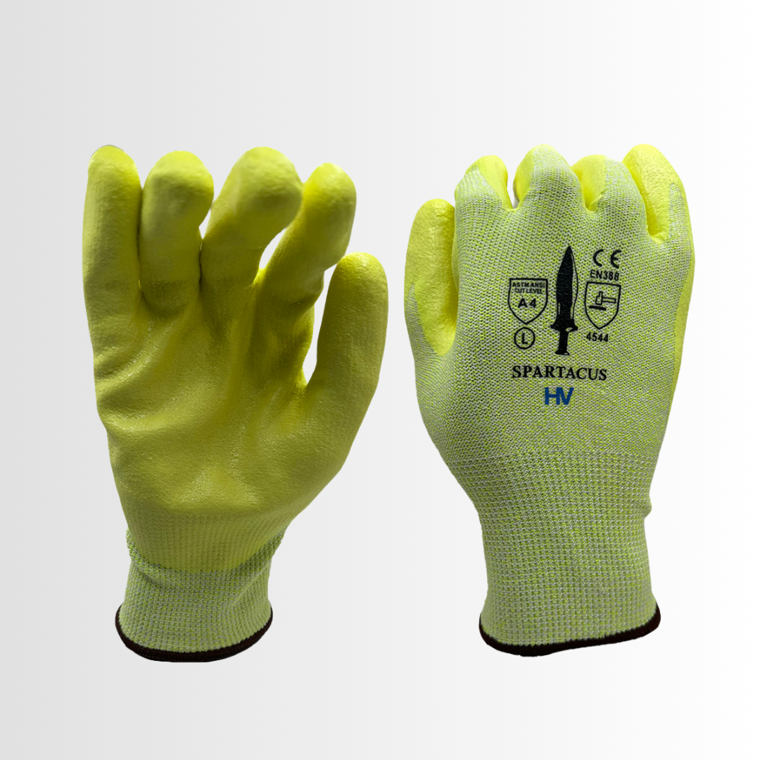 HV | Hi-Vis Cut Resistant Gloves with HPPE Liner and Nitrile Foam Palm – ANSI A4, Abrasion & Puncture Protection (12 Pair)
