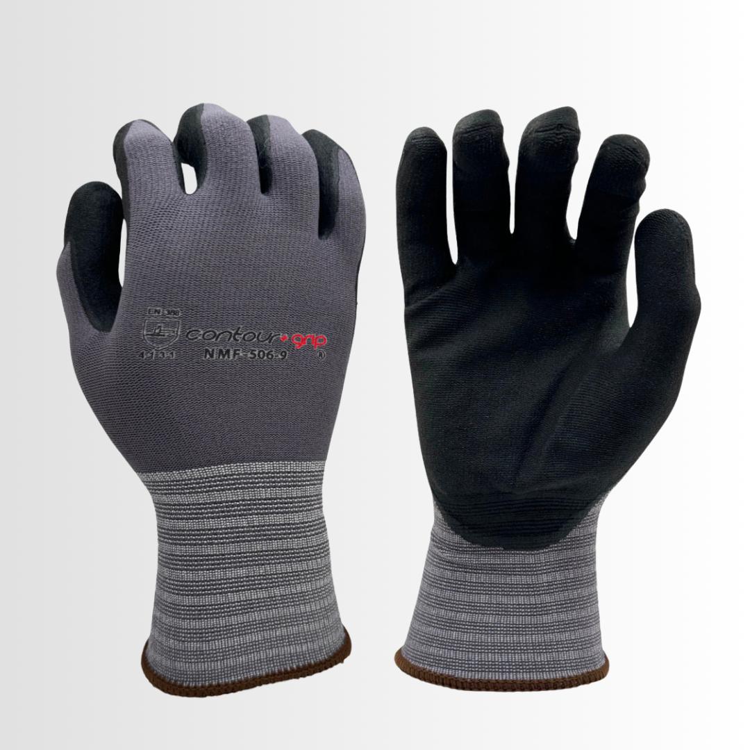 NMF506 | Touchscreen Nitrile Foam Grip Gloves with 15-Gauge Gray Nylon Liner – Oil Resistant, Breathable, ANSI Puncture Level 2 (12 Pair)