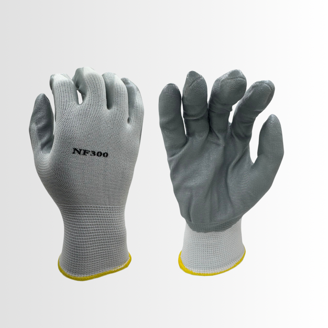 NF300 | Foam Nitrile Grip Gloves with White Nylon Liner and Color-Coded Hems – 13-Gauge, EN388 Rated (12 Pair)