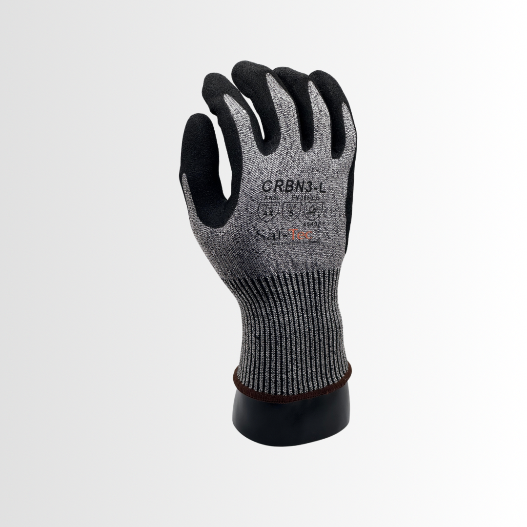 CRBN3 | Black Nitrile Foam Coated Palm Gloves with 13-Gauge Gray HPPE Liner, ANSI A4 Cut Resistant and Breathable Knit Cuff (12 Pair)