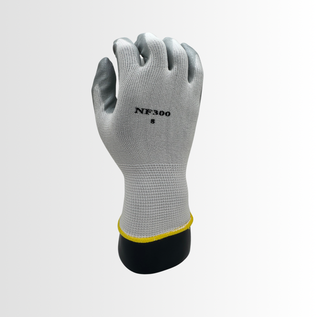 NF300 | Foam Nitrile Grip Gloves with White Nylon Liner and Color-Coded Hems – 13-Gauge, EN388 Rated (12 Pair)