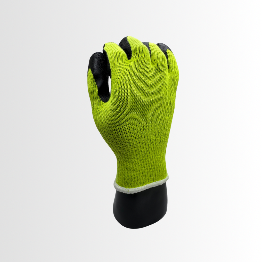 300BLP | Latex-Coated Grip Gloves with Hi-Vis Green Liner and Black Palm – Knit Wrist, EN388 Rated (12 Pair)