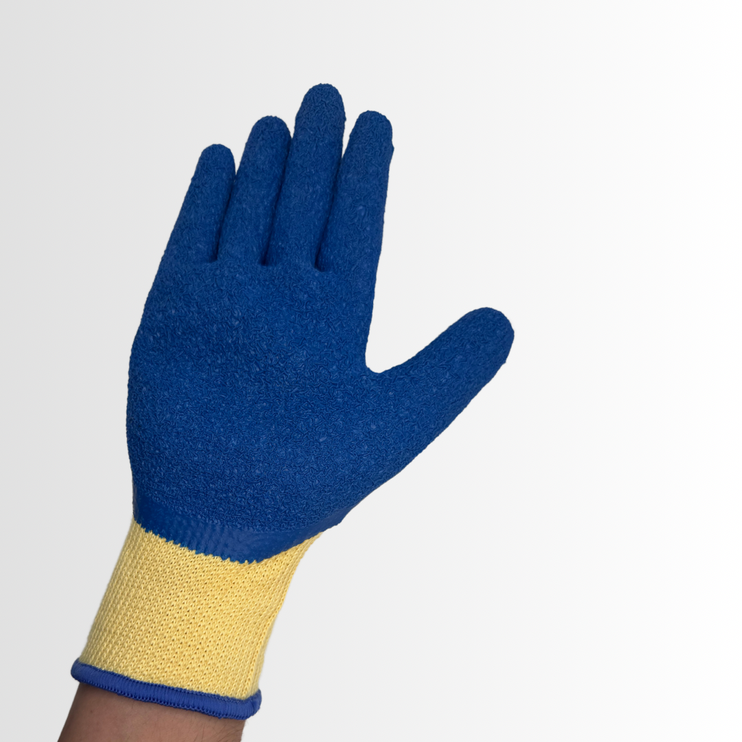 400 | Blue Latex Palm Coated Gloves with 10-Gauge Cotton/Poly Liner and Crinkle Grip – Machine Washable (12 Pair)