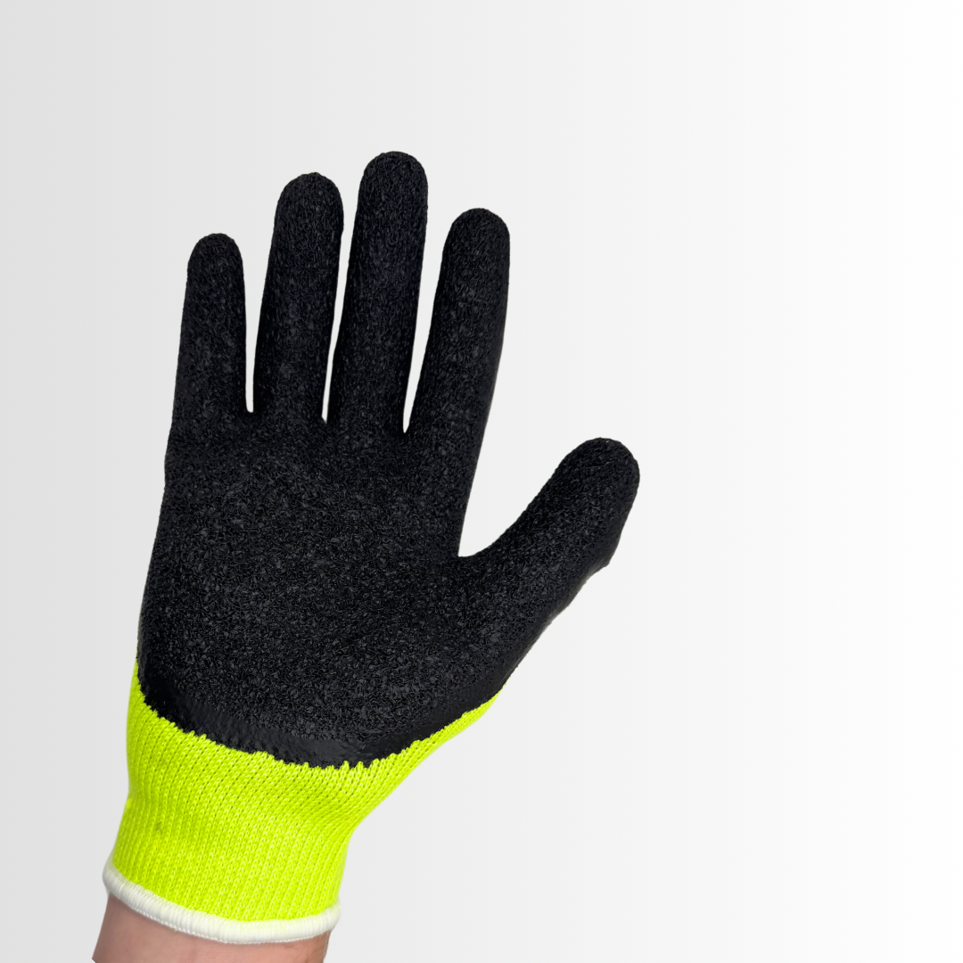 300BLP | Latex-Coated Grip Gloves with Hi-Vis Green Liner and Black Palm – Knit Wrist, EN388 Rated (12 Pair)
