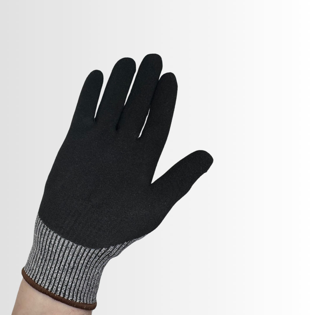 CRBN3 | Black Nitrile Foam Coated Palm Gloves with 13-Gauge Gray HPPE Liner, ANSI A4 Cut Resistant and Breathable Knit Cuff (12 Pair)