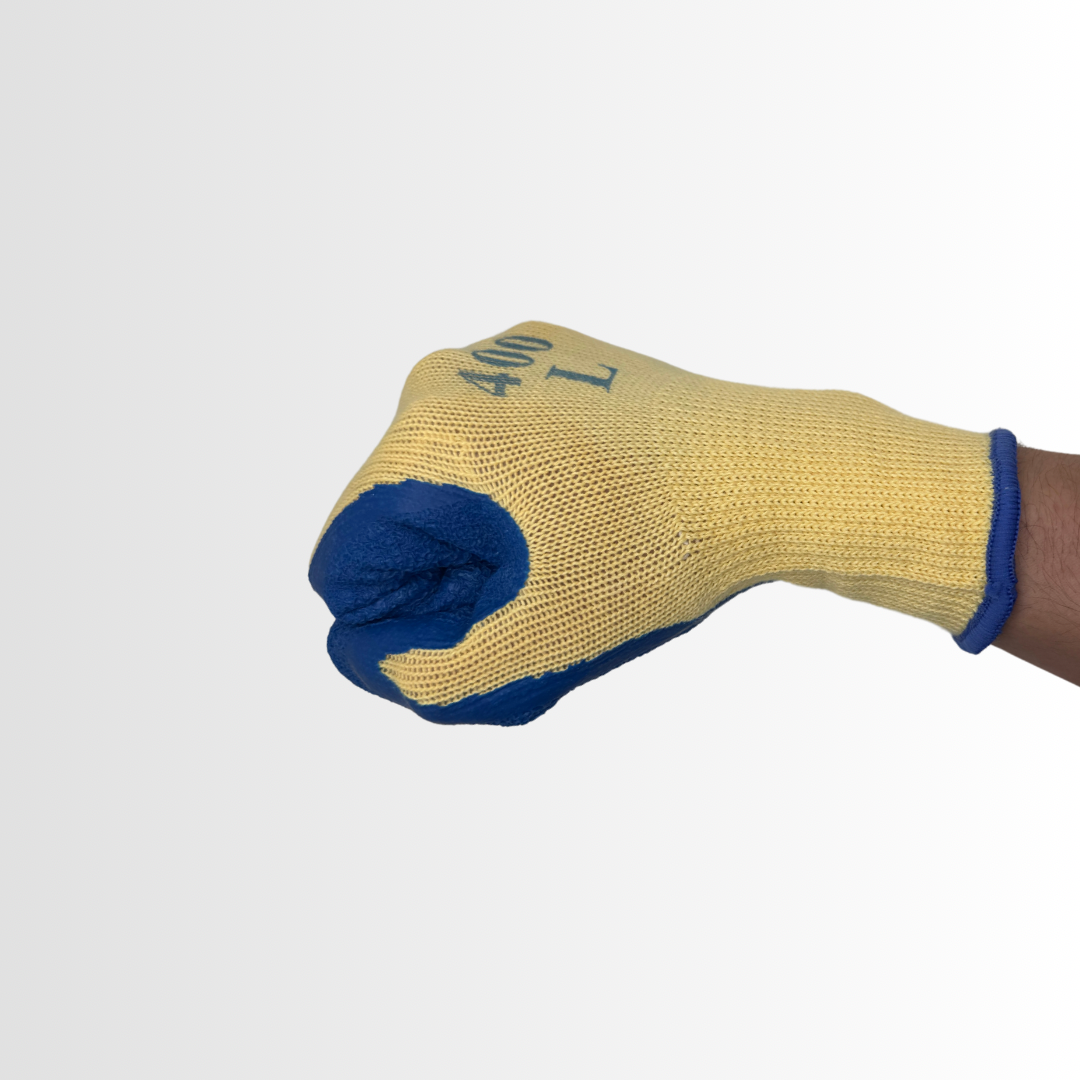 400 | Blue Latex Palm Coated Gloves with 10-Gauge Cotton/Poly Liner and Crinkle Grip – Machine Washable (12 Pair)