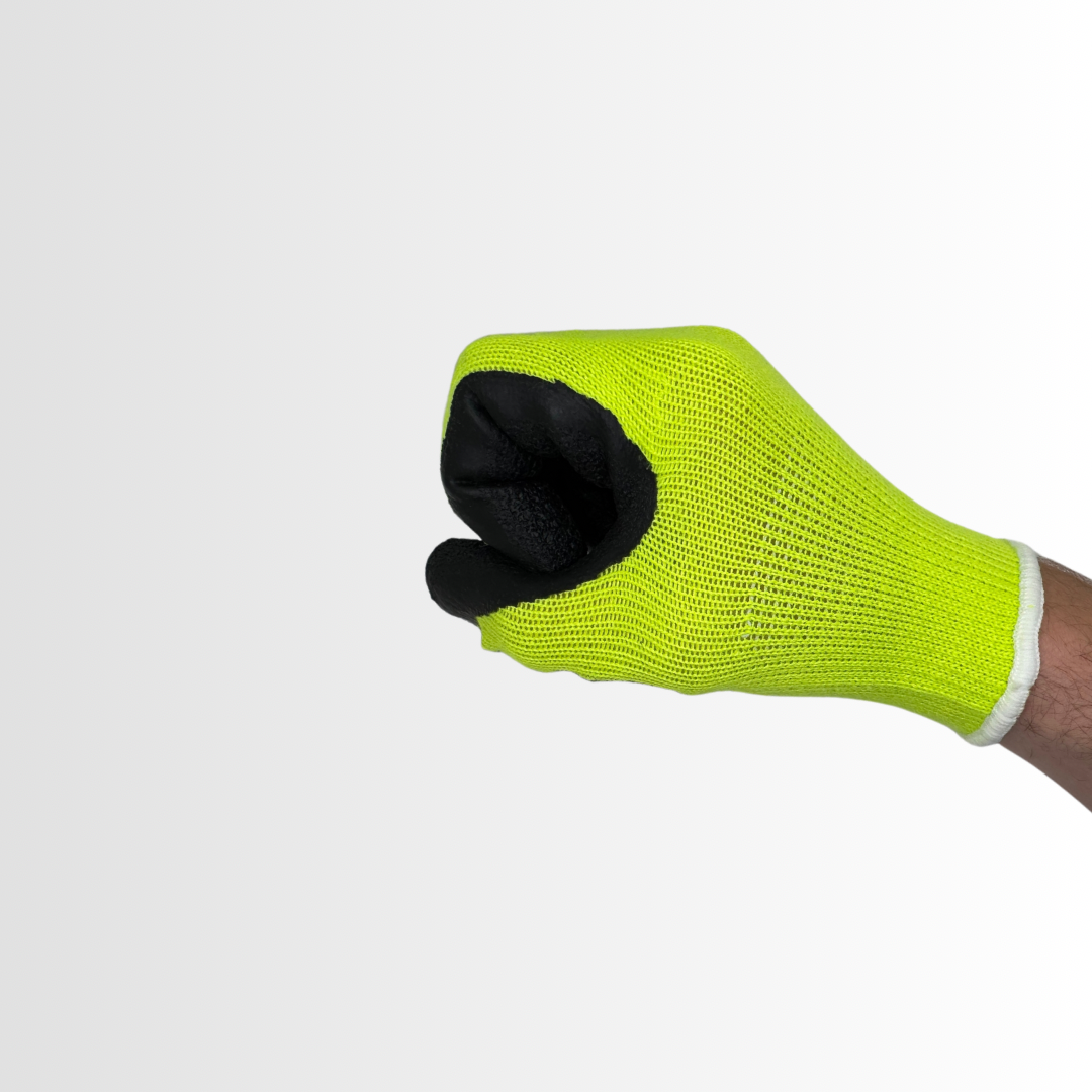 300BLP | Latex-Coated Grip Gloves with Hi-Vis Green Liner and Black Palm – Knit Wrist, EN388 Rated (12 Pair)