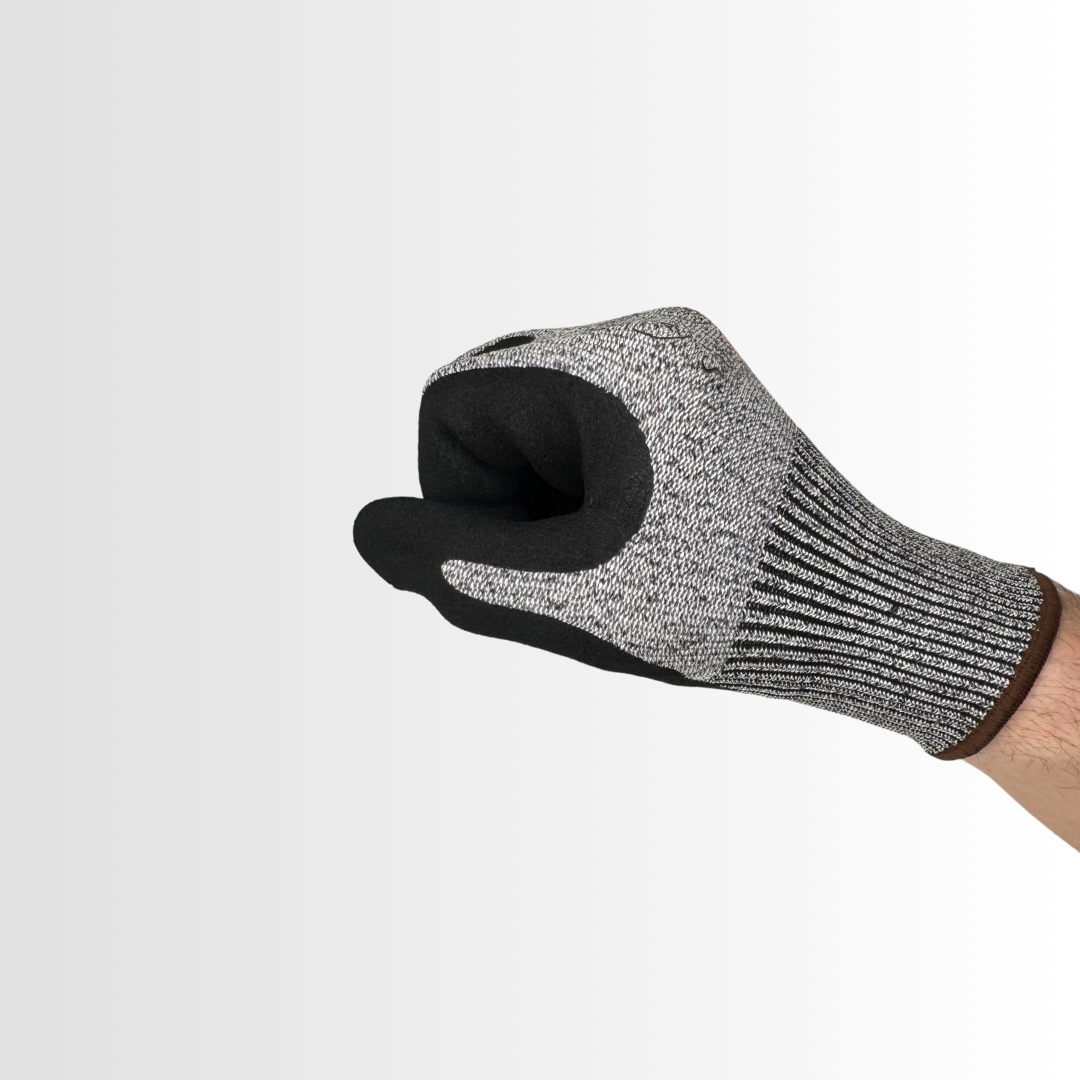 CRBN3 | Black Nitrile Foam Coated Palm Gloves with 13-Gauge Gray HPPE Liner, ANSI A4 Cut Resistant and Breathable Knit Cuff (12 Pair)