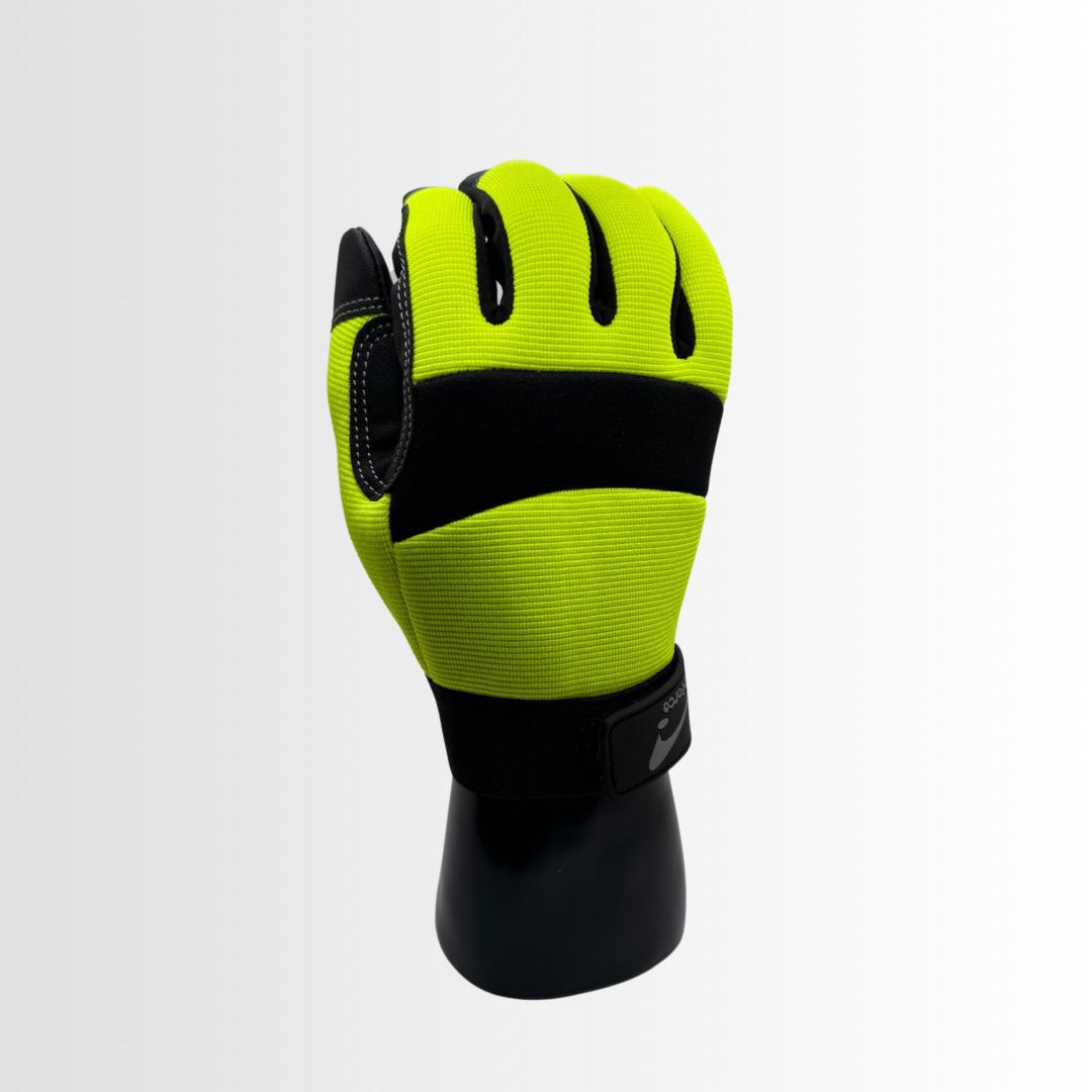 HVGMC20 | Hi-Vis Green Synthetic Utility Gloves with Padded Palm, Velcro Closure, and Stretch Fit (Pair)