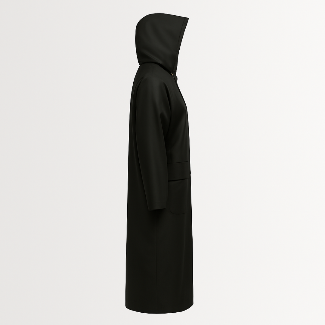 9221-B | 60” Black PVC Rain Coat with Detachable Hood, Welded Seams, and Snap Closures – Industrial Waterproof Jacket (1 Each)