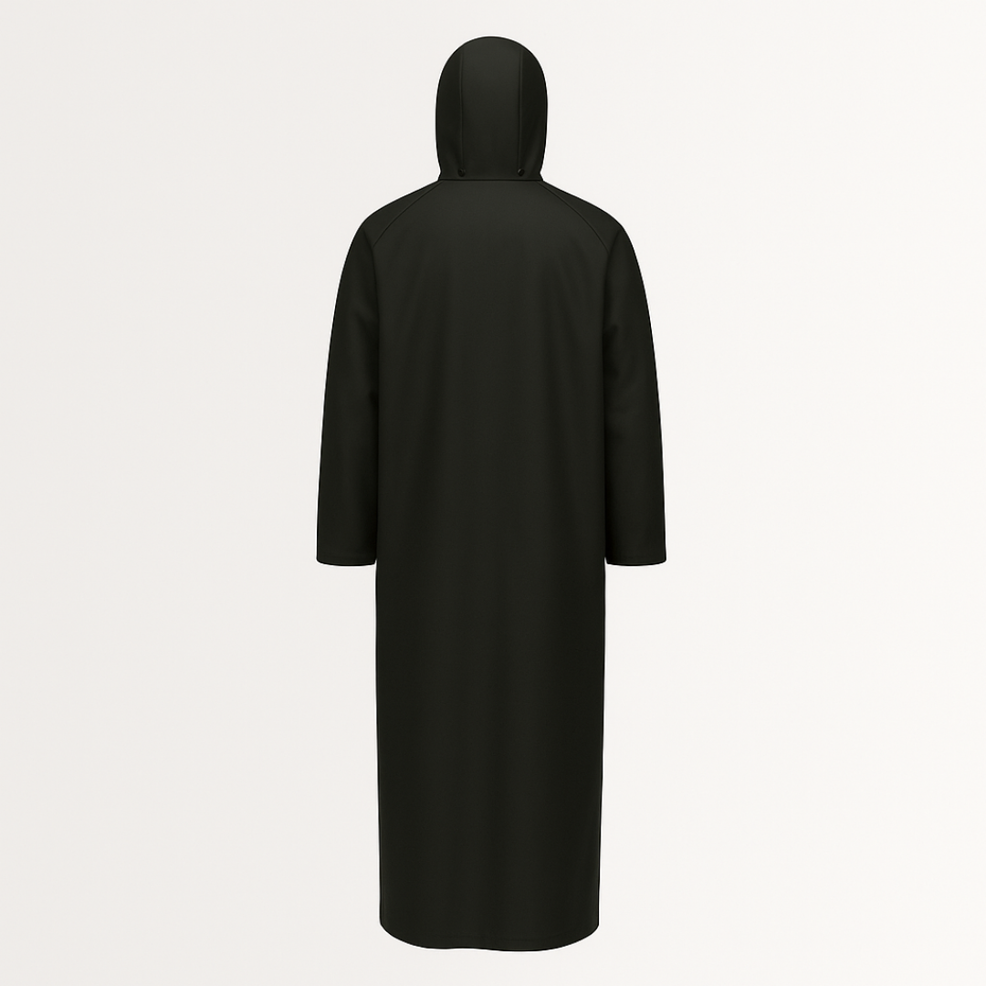 9221-B | 60” Black PVC Rain Coat with Detachable Hood, Welded Seams, and Snap Closures – Industrial Waterproof Jacket (1 Each)