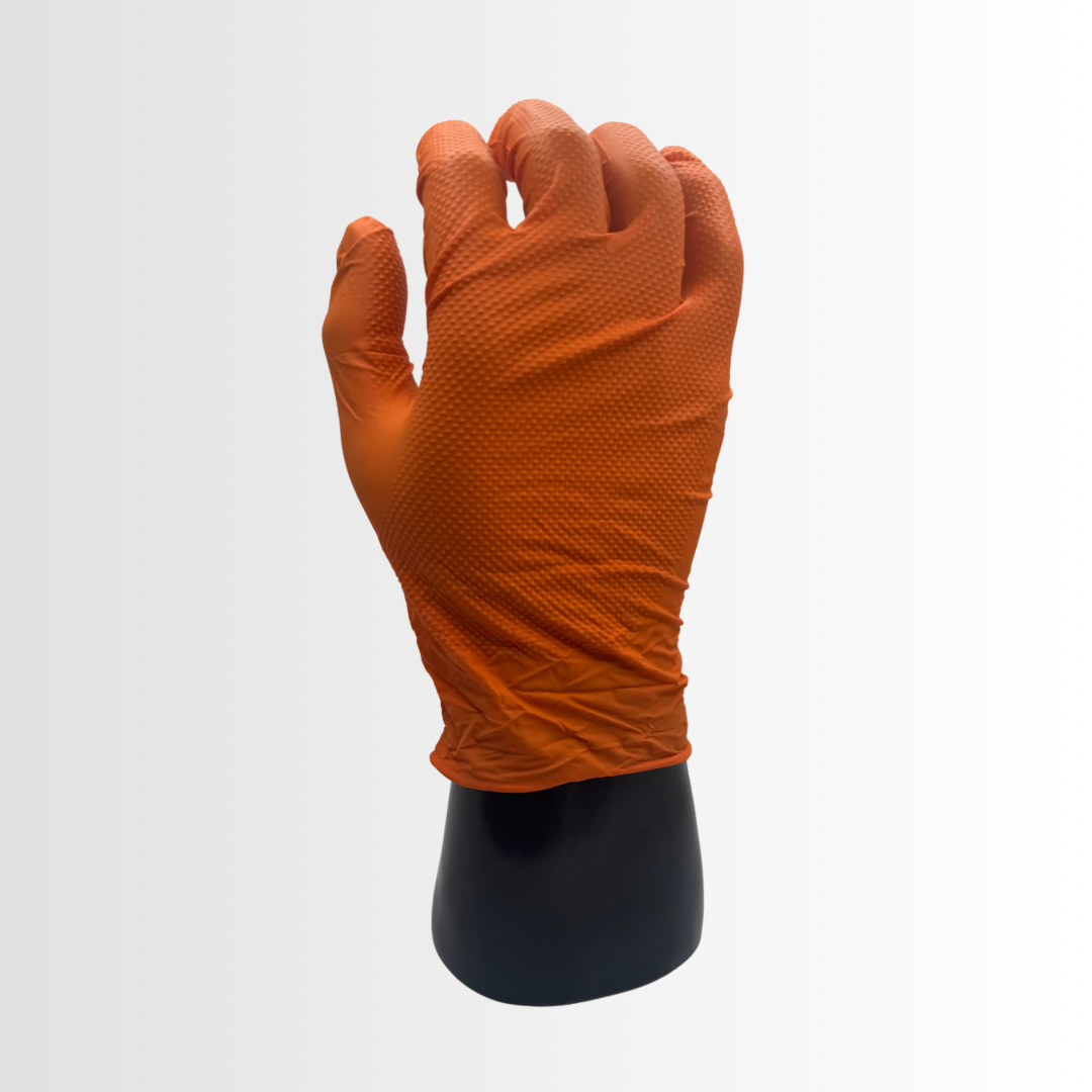 V908ONPF | 8 Mil Orange Nitrile Disposable Gloves with Raised Diamond Texture – Powder-Free, Industrial Grade (1000/Case)