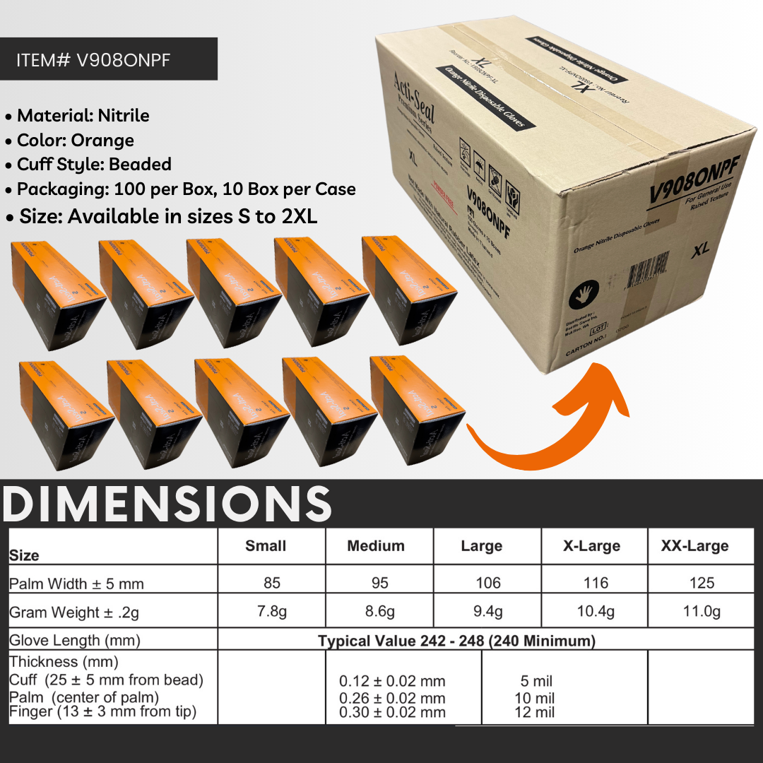 V908ONPF | 8 Mil Orange Nitrile Disposable Gloves with Raised Diamond Texture – Powder-Free, Industrial Grade (1000/Case)