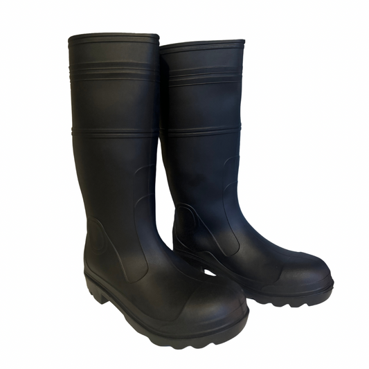 B16 | (PlainToe) Industrial Black Waterproof PVC Plain Toe Rubber Rain Boots,16-Inch, Unlined with Steel Shank, Outdoor Protective Footwear (1 Pair)