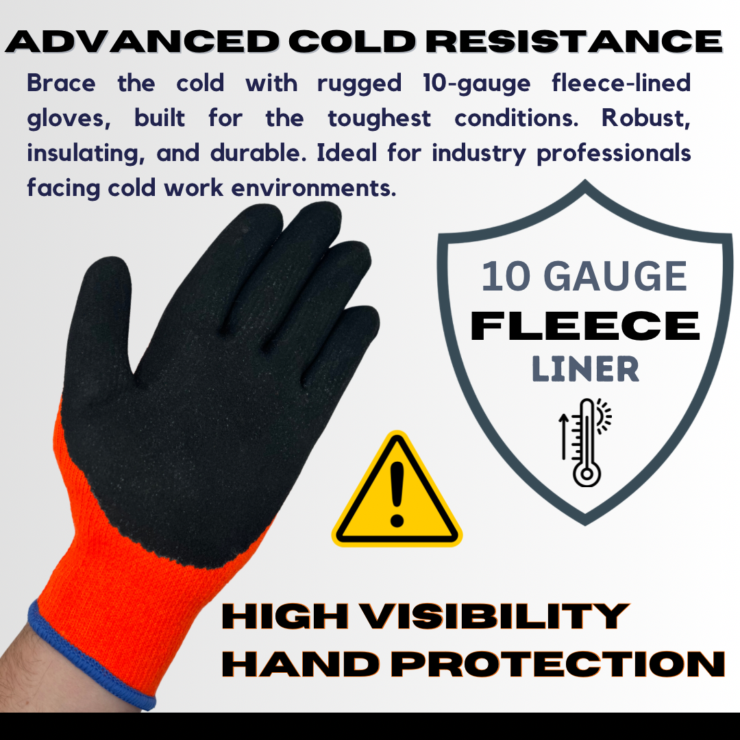 ARCTIC-OR | 10 Gauge Hi-Vis Orange Fleece Liner, Black Micro-Foam Latex Dipped Palm, Cold Resistant Gloves (12 Pair)