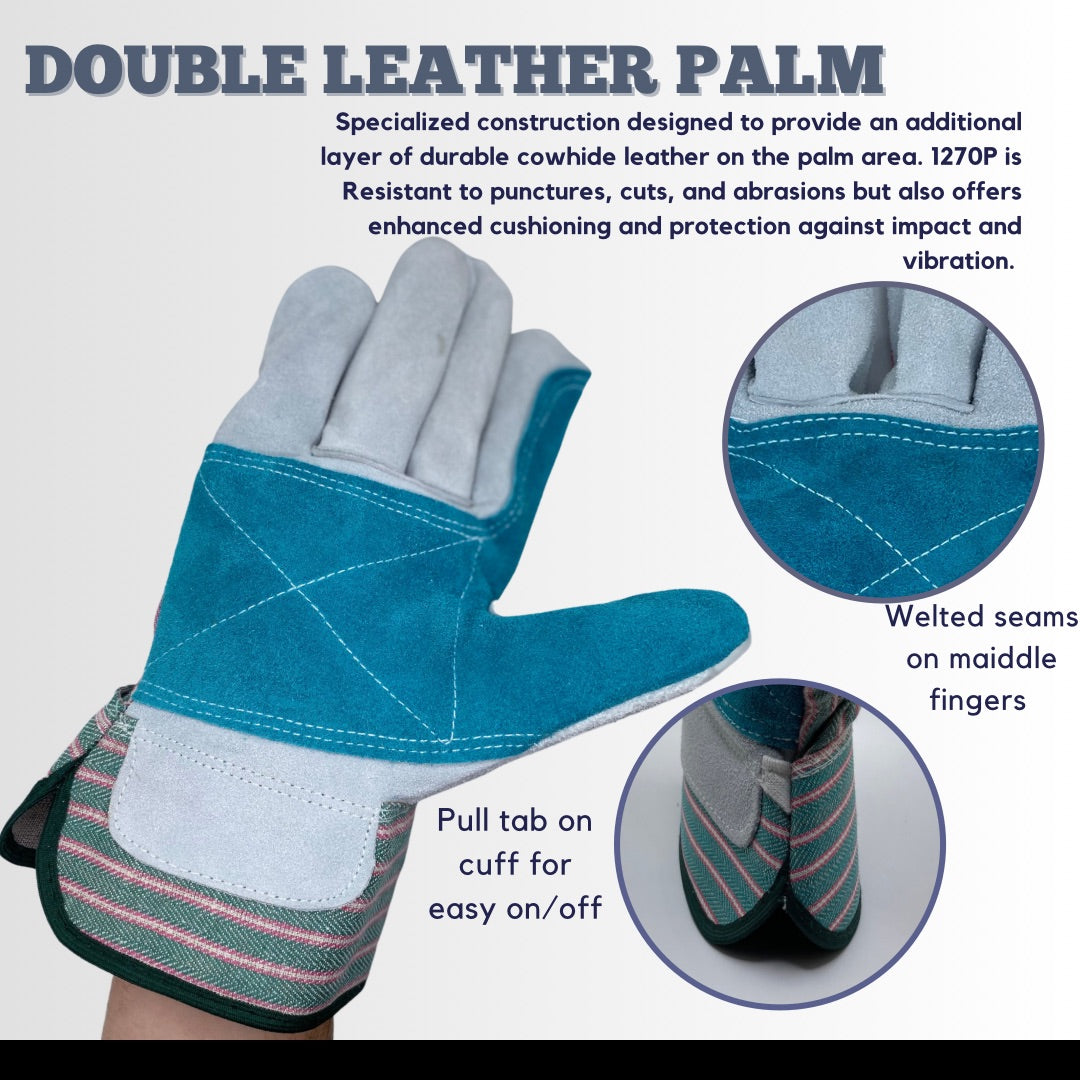 1270P | Premium Select Shoulder Leather Work Gloves, Double Leather Palm with Wing Thumb and 2.5" Rubber Safety Cuff (12 Pair)