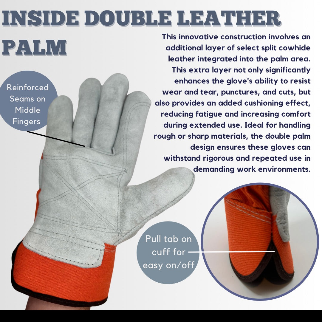 1360IDO | 1360ID0 Select Split Cowhide Leather Work Glove with Wing Thumb, Inside Double Leather Palm and Orange Canvas Back, 2.5"" Rubber Safety Cuff (12 Pair)