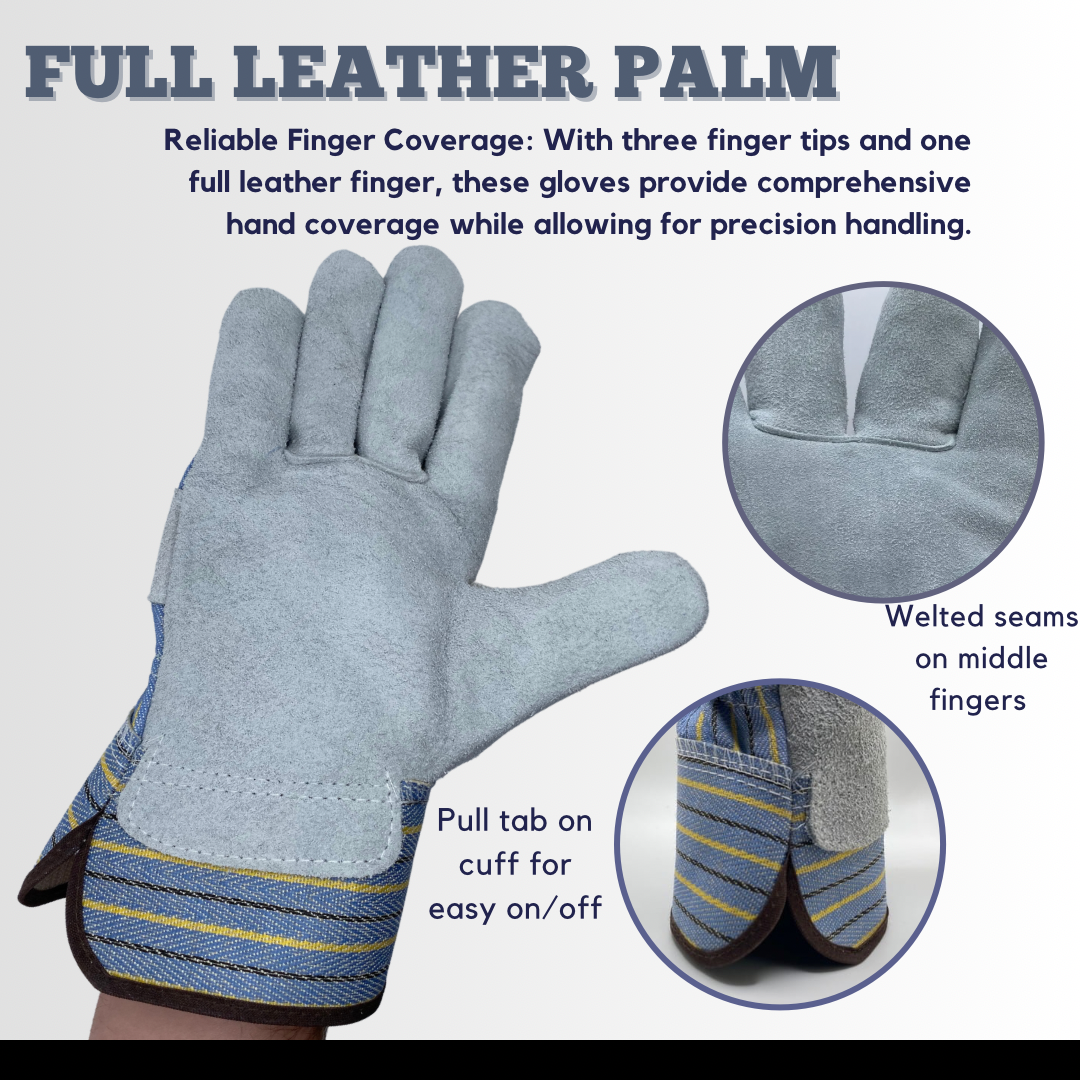 1360 | Gray Premium Select Shoulder Cowhide Leather Palm Work Gloves with Wing Thumb, Fabric Back and 2.5” Rubber Safety Cuff (12 Pair)