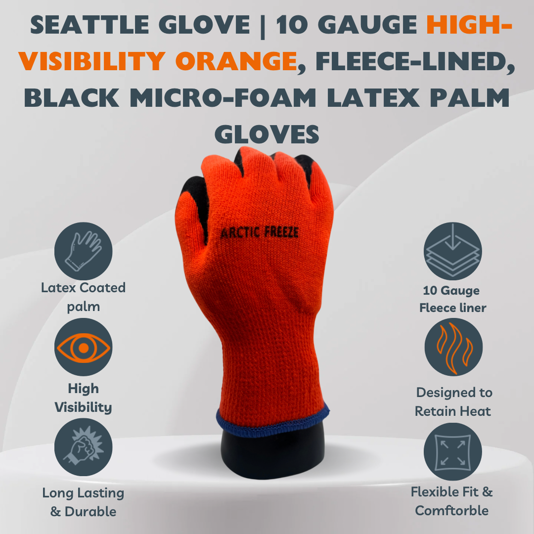 ARCTIC-OR | 10 Gauge Hi-Vis Orange Fleece Liner, Black Micro-Foam Latex Dipped Palm, Cold Resistant Gloves (12 Pair)