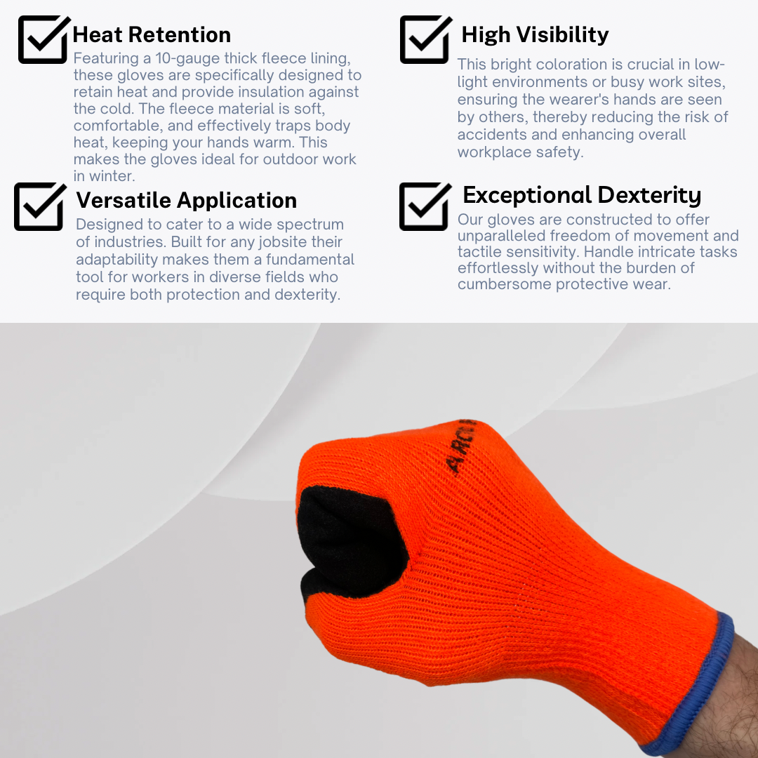 ARCTIC-OR | 10 Gauge Hi-Vis Orange Fleece Liner, Black Micro-Foam Latex Dipped Palm, Cold Resistant Gloves (12 Pair)