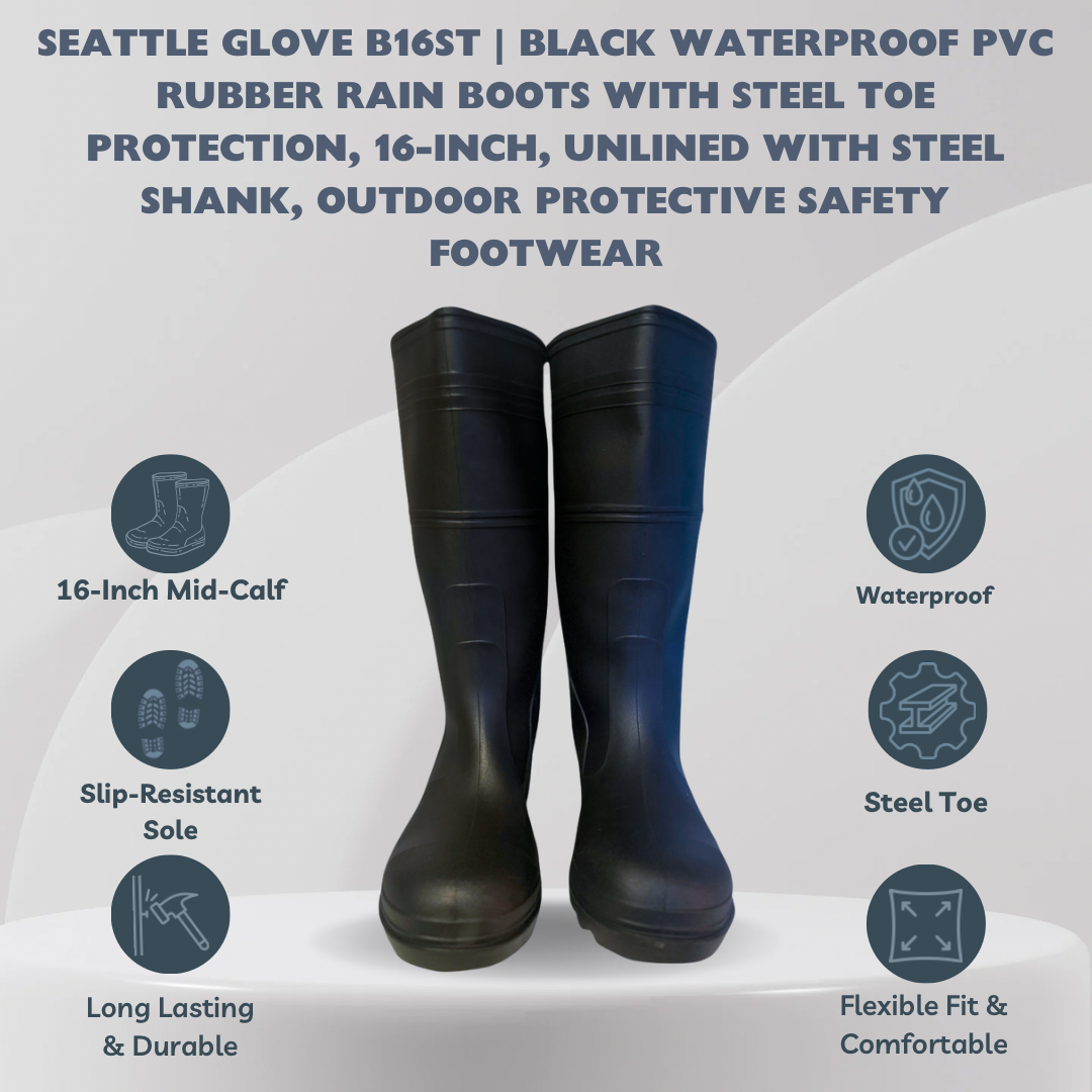 B16ST | (Steel Toe) Industrial Black Waterproof PVC Rubber Rain Boots with Steel Toe Protection, 16-Inch, Unlined with Steel Shank, Outdoor Protective Safety Footwear (1 Pair)