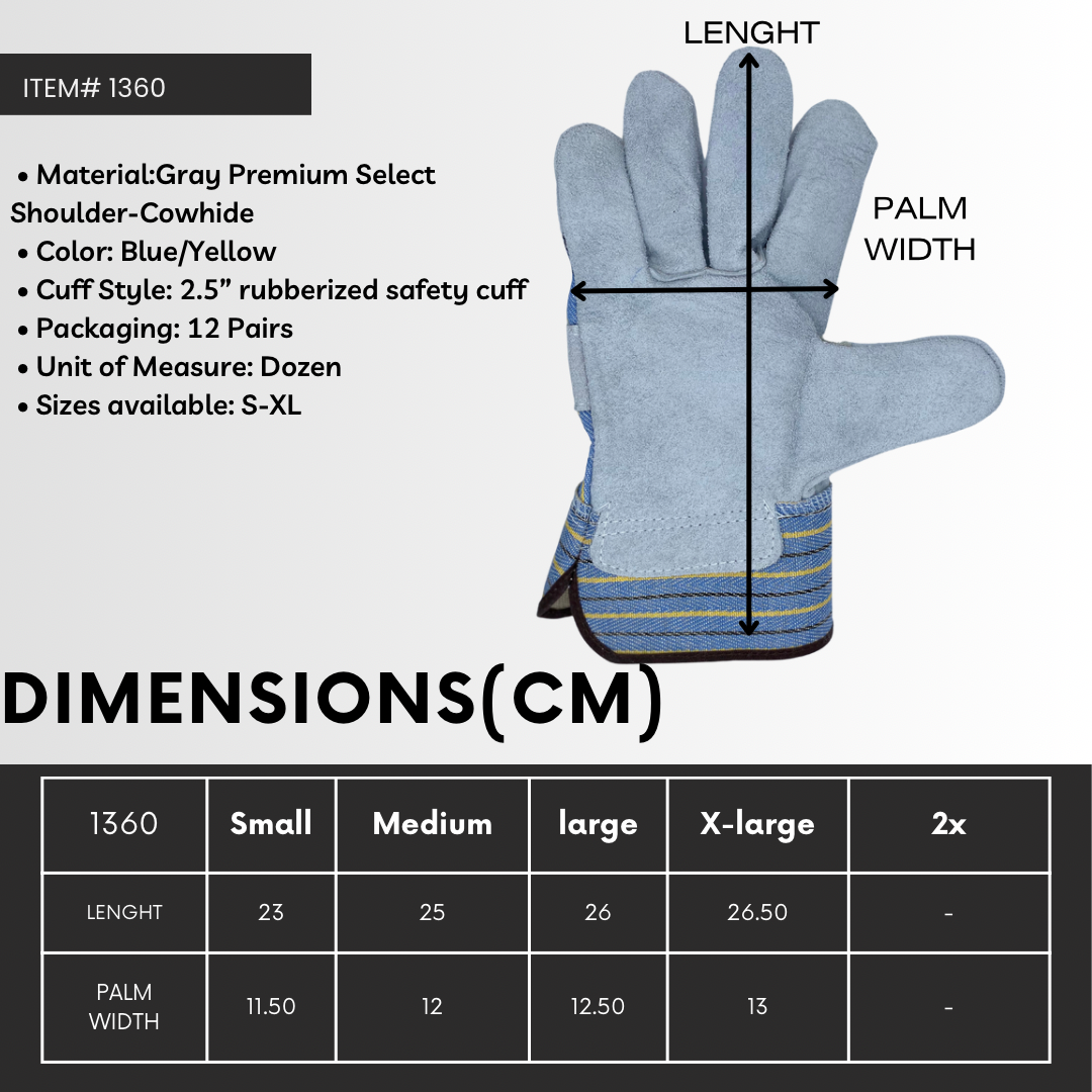 1360 | Gray Premium Select Shoulder Cowhide Leather Palm Work Gloves with Wing Thumb, Fabric Back and 2.5” Rubber Safety Cuff (12 Pair)