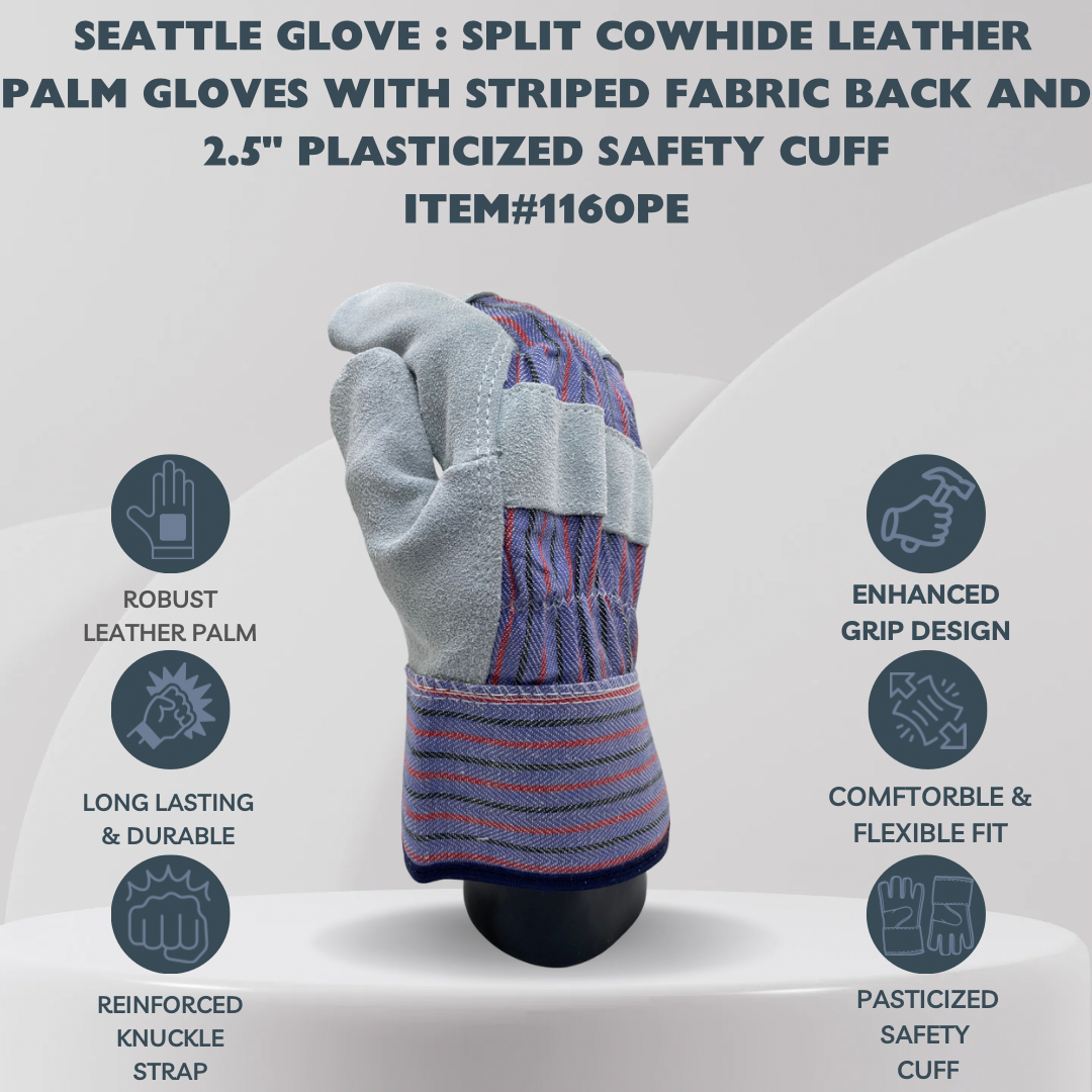 1160PE | Regular Grade Leather Work Gloves, Lined Palms with Wing Thumb and 2.5" Plasticized Safety Cuff  (12 Pair)