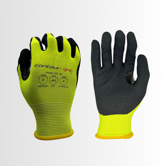 HVNF133 | Hi-Vis Cut-Resistant Nitrile-Coated Gloves with Touchscreen Capability – ANSI A3 (12 Pair)