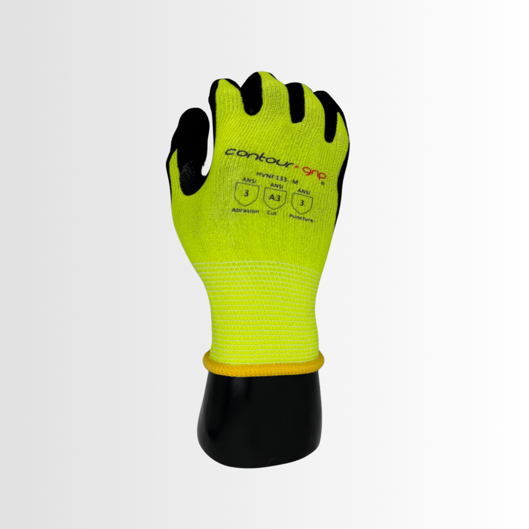 HVNF133 | Hi-Vis Cut-Resistant Nitrile-Coated Gloves with Touchscreen Capability – ANSI A3 (12 Pair)
