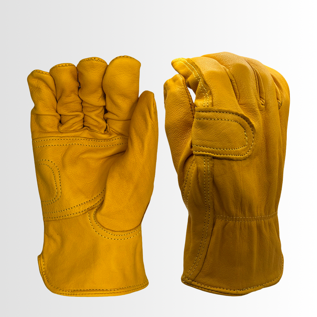 8464DPY | Premium Grain Pigskin Double Palm Gloves with Wing Thumb and Rubberized Safety Cuff – Industrial Grade (12 Pair)