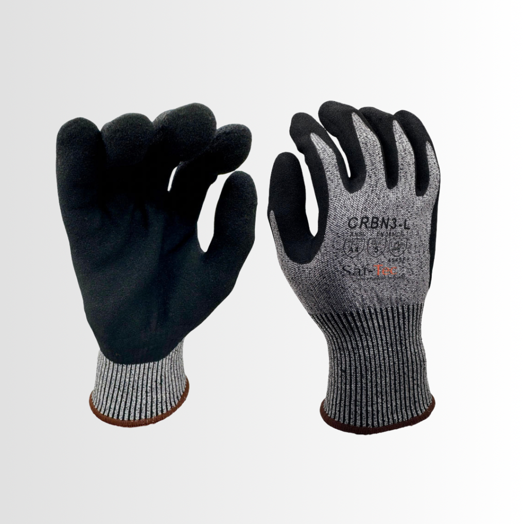 CRBN3 | Black Nitrile Foam Coated Palm Gloves with 13-Gauge Gray HPPE Liner, ANSI A4 Cut Resistant and Breathable Knit Cuff (12 Pair)