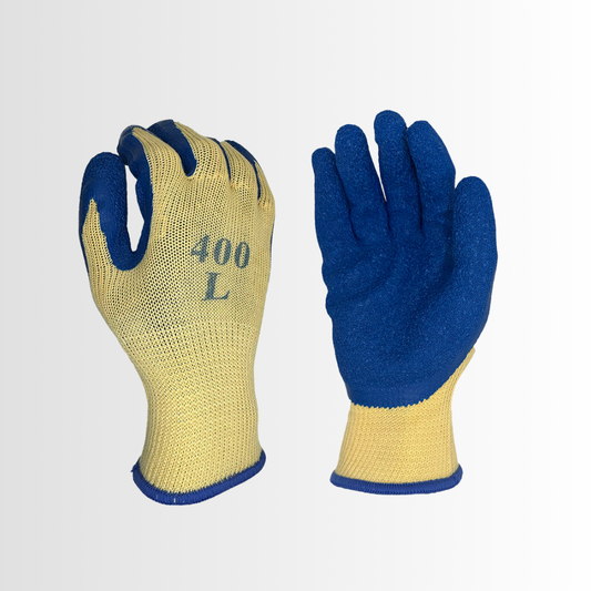 400 | Blue Latex Palm Coated Gloves with 10-Gauge Cotton/Poly Liner and Crinkle Grip – Machine Washable (12 Pair)