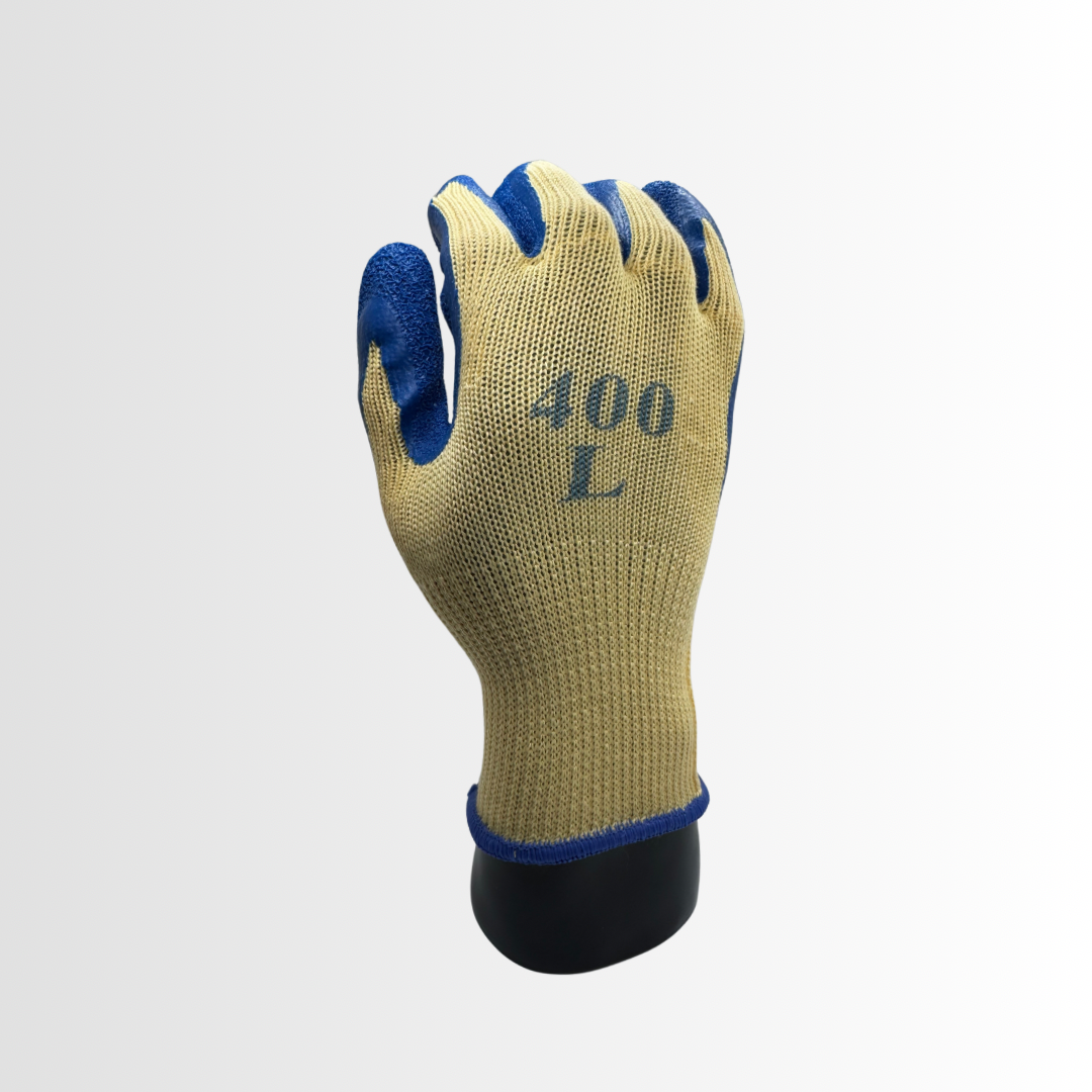 400 | Blue Latex Palm Coated Gloves with 10-Gauge Cotton/Poly Liner and Crinkle Grip – Machine Washable (12 Pair)