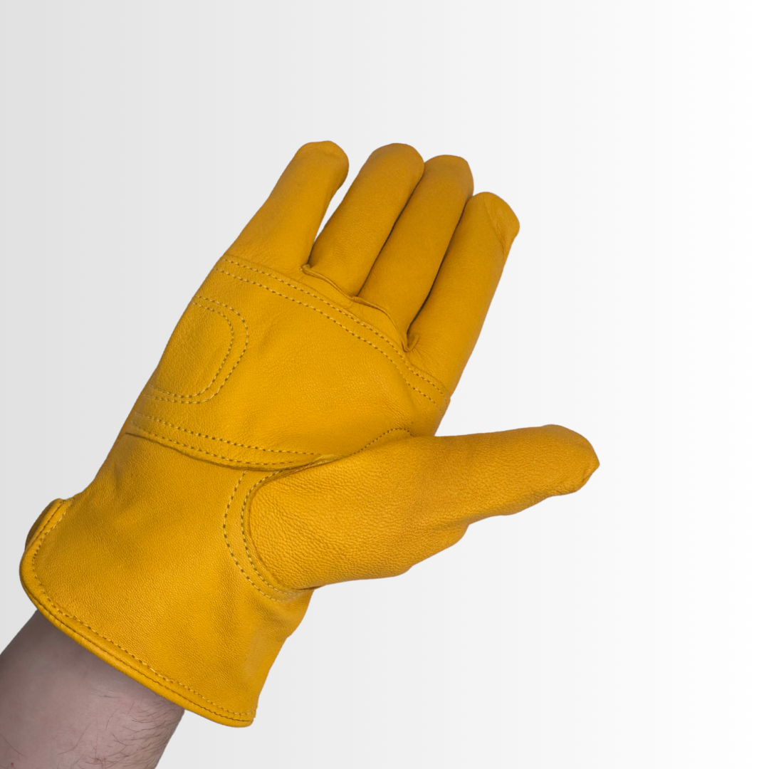 8464DPY | Premium Grain Pigskin Double Palm Gloves with Wing Thumb and Rubberized Safety Cuff – Industrial Grade (12 Pair)