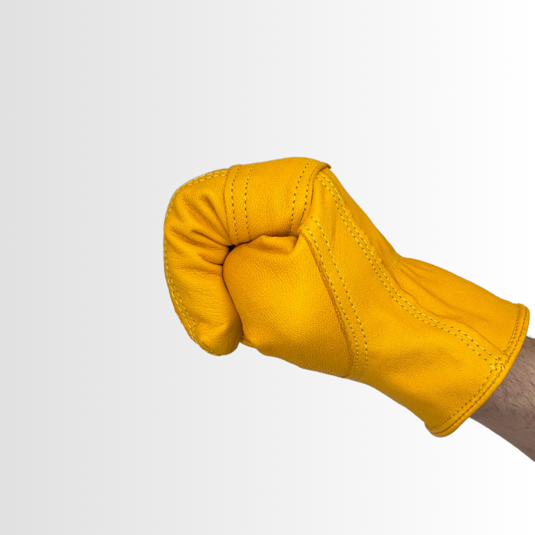 8464DPY | Premium Grain Pigskin Double Palm Gloves with Wing Thumb and Rubberized Safety Cuff – Industrial Grade (12 Pair)