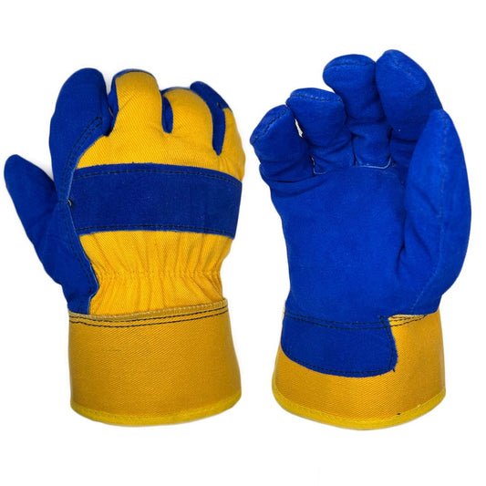 9-1420BY | Premium Blue Leather Palm Work Gloves, Yellow Canvas Back with Insulated Nylon/Poly/Foam Lining and Rubber Safety Cuff (12 Pair)