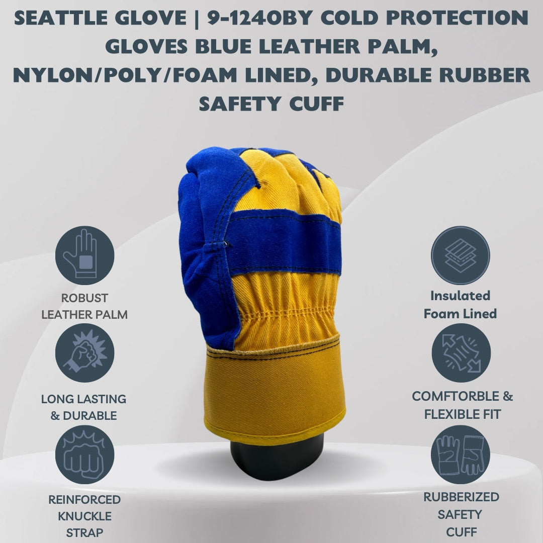 9-1420BY | Premium Blue Leather Palm Work Gloves, Yellow Canvas Back with Insulated Nylon/Poly/Foam Lining and Rubber Safety Cuff (12 Pair)