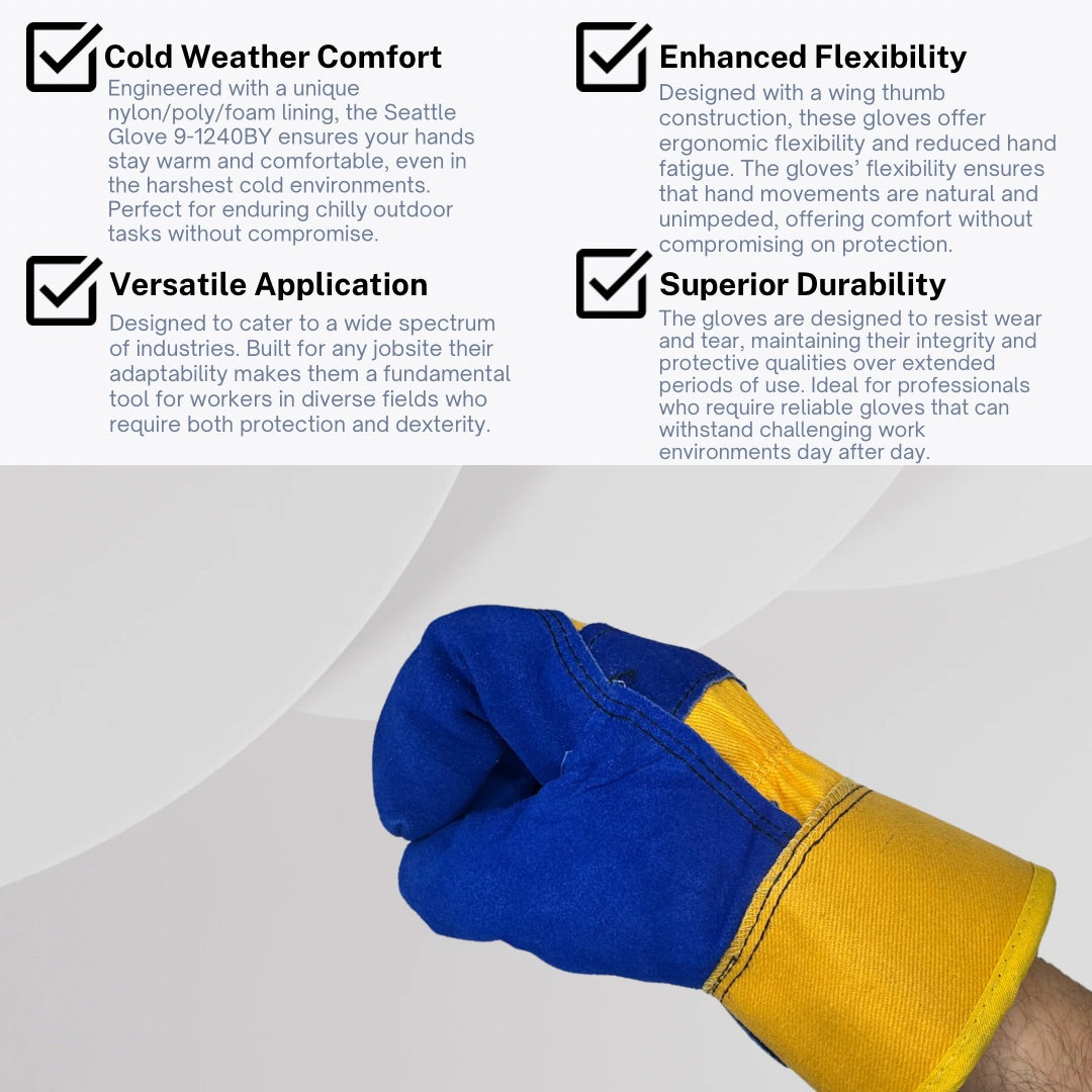 9-1420BY | Premium Blue Leather Palm Work Gloves, Yellow Canvas Back with Insulated Nylon/Poly/Foam Lining and Rubber Safety Cuff (12 Pair)