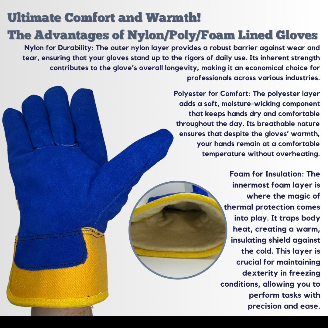 9-1420BY | Premium Blue Leather Palm Work Gloves, Yellow Canvas Back with Insulated Nylon/Poly/Foam Lining and Rubber Safety Cuff (12 Pair)