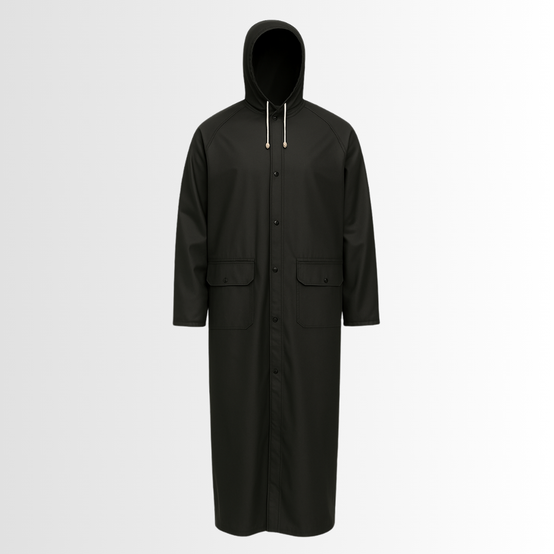 9221-B | 60” Black PVC Rain Coat with Detachable Hood, Welded Seams, and Snap Closures – Industrial Waterproof Jacket (1 Each)