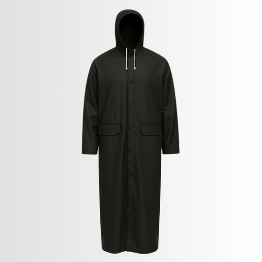 9221-B | 60” Black PVC Rain Coat with Detachable Hood, Welded Seams, and Snap Closures – Industrial Waterproof Jacket (1 Each)