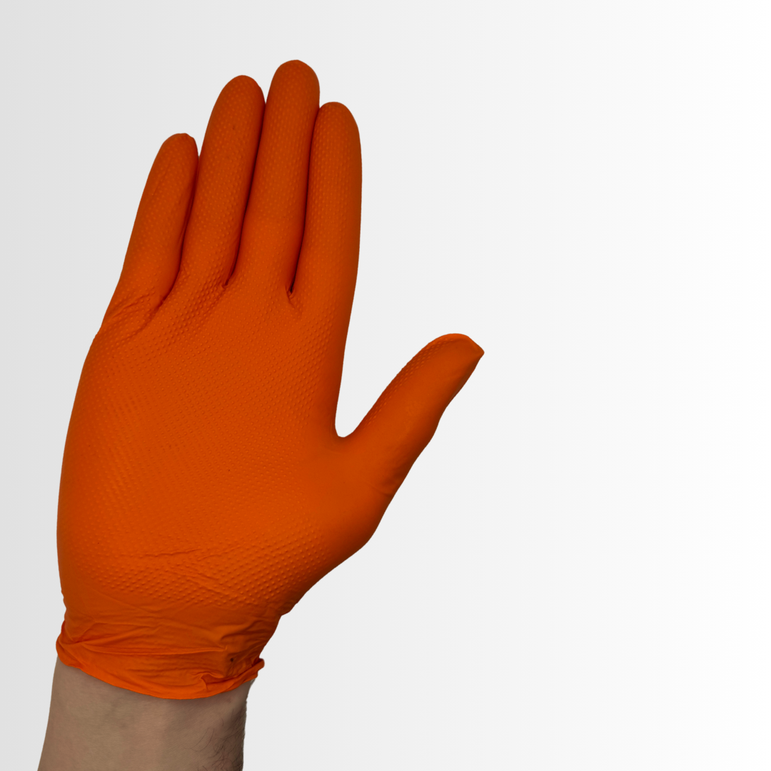 V908ONPF | 8 Mil Orange Nitrile Disposable Gloves with Raised Diamond Texture – Powder-Free, Industrial Grade (1000/Case)